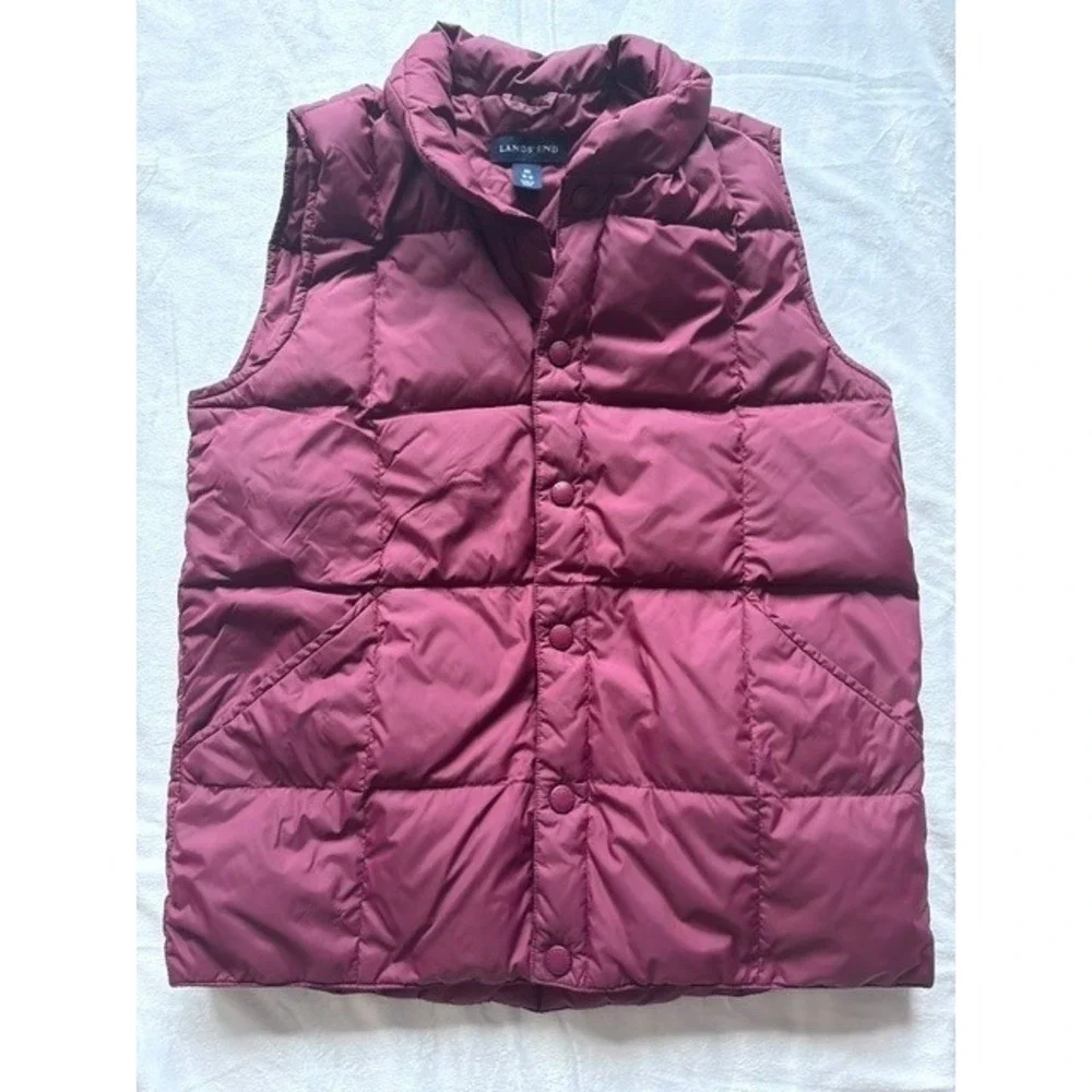 Lands End Kids Burgundy Down Puffer Vest Size M 10-12 Quilted Snap Front